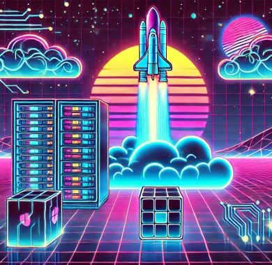 illustration displaying a cloud server and docker container. at the top there is a space shuttle launching