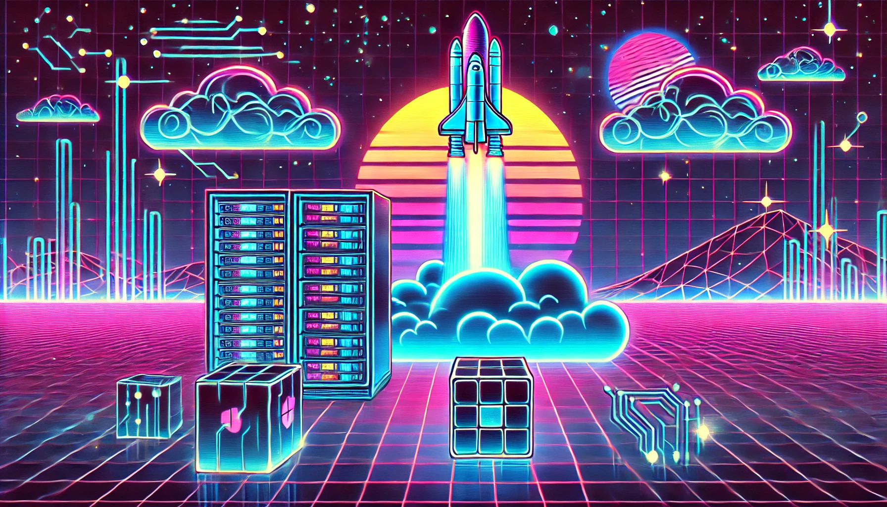 illustration displaying a cloud server and docker container. at the top there is a space shuttle launching